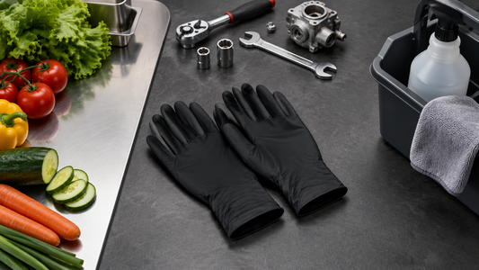 Powder-free black nitrile gloves arranged for food prep, automotive work, and cleaning tasks