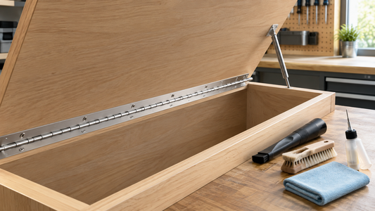 Supported cabinet lid with a continuous piano hinge and cleaning tools