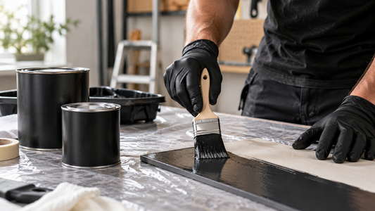 4:3 realistic close-up photograph comparing a flexible 5 mil black nitrile glove and a sturdier 8 mil black nitrile glove while hands hold a paintbrush and masking tape, clean workshop background, no readable text, no logos, no watermark