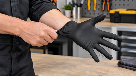4:3 instructional close-up photograph showing clean dry hands beside a neatly trimmed fingernail and a removed ring before putting on a black nitrile glove, realistic workshop setting, no readable text, no logos, no watermark