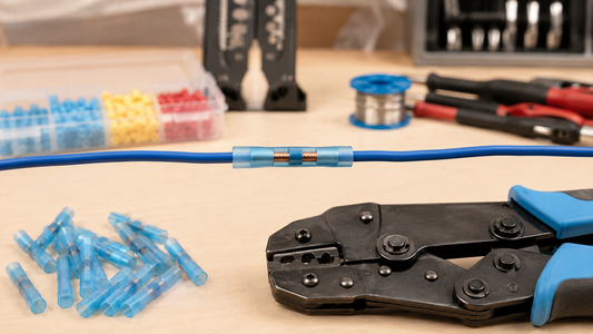 Heat-shrink butt connector, crimping tool, and prepared wires on a workshop bench