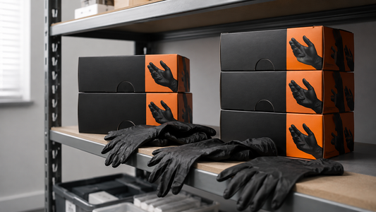 Black nitrile gloves stored in a clean, cool indoor supply area