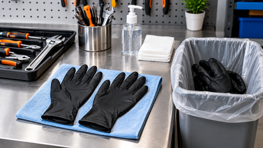 Fresh black nitrile gloves prepared beside clean tools and a designated glove disposal container