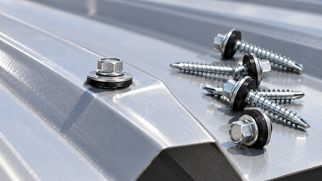 Correctly seated metal roofing screw with an EPDM washer on a metal panel