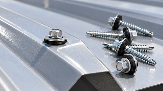 Correctly seated metal roofing screw with an EPDM washer on a metal panel