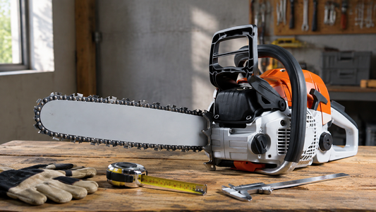 Chainsaw guide bar and chain with measuring tools on a workbench