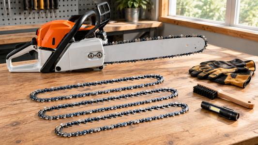 Powered-off chainsaw with inspected replacement chain loops on a workbench