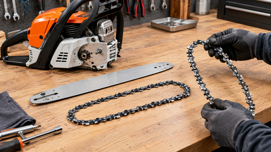 Powered-off chainsaw and replacement chains arranged for a careful fit check