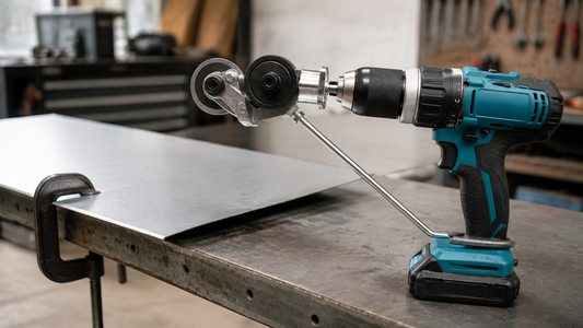 Drill-powered sheet metal cutter attachment installed on a cordless drill