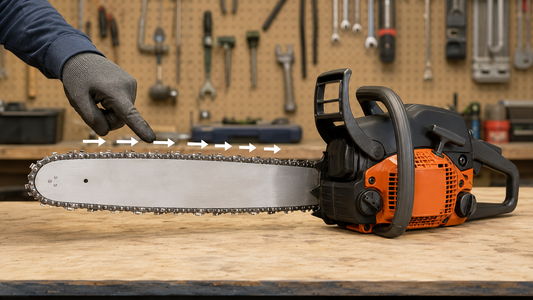 Correct chainsaw chain direction shown on the top of a guide bar