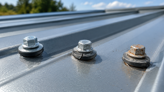Metal roofing screws inspected for washer damage, corrosion, and seating condition