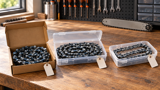 Three spare chainsaw chains stored separately in labeled protective containers on a workshop bench