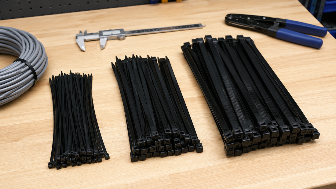 Standard, heavy-duty, and extra-heavy-duty zip ties compared on a workbench