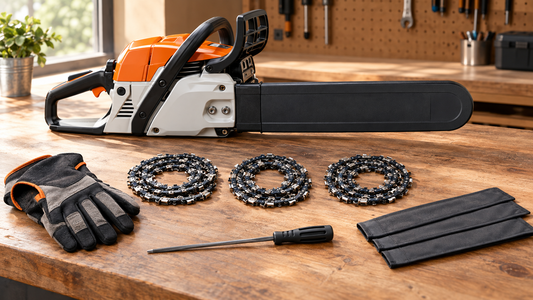Chainsaw with three coiled spare chains and maintenance tools on a clean workshop bench
