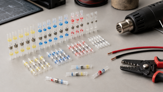 Assorted solder seal wire connectors with wire preparation tools