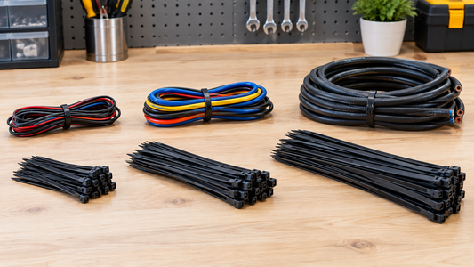 Short, standard, and long black zip ties arranged beside cable bundles of different diameters