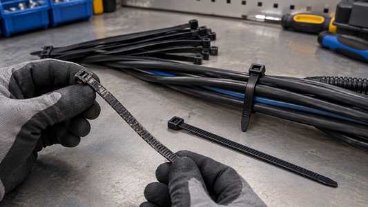 Fresh and previously used black zip ties compared on a clean workshop bench.