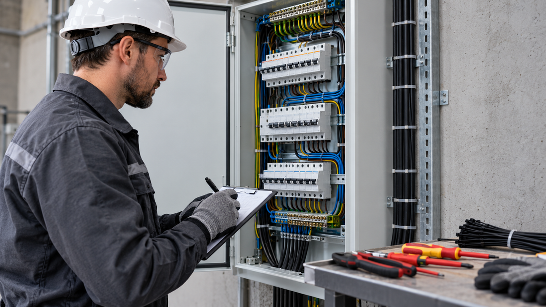 Qualified electrician inspecting a de-energized electrical panel before routing conductors