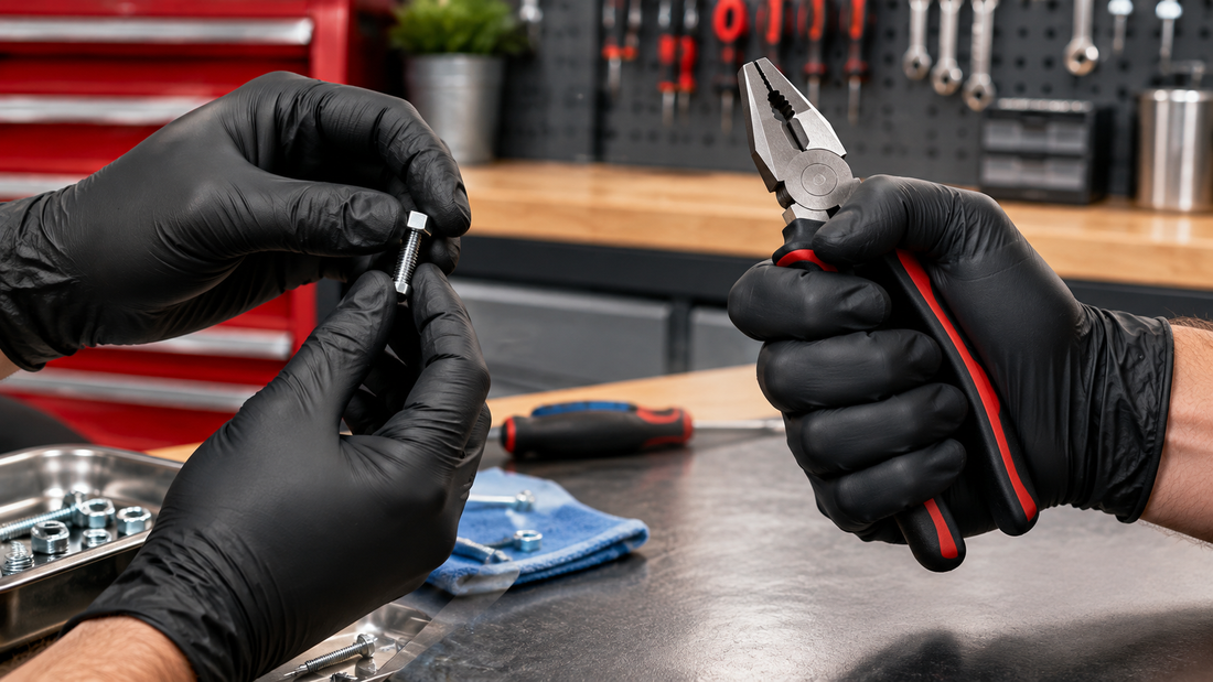Side-by-side comparison of black nitrile gloves used for precision work and tool handling