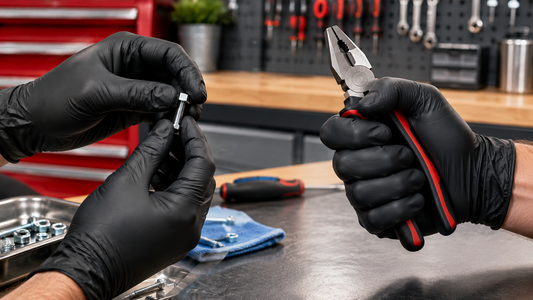 Side-by-side comparison of black nitrile gloves used for precision work and tool handling