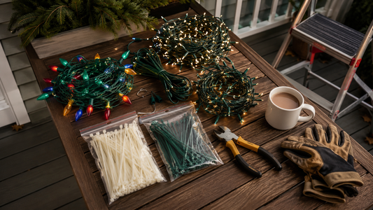 Outdoor holiday decorating table with coils of string lights and bags of zip ties