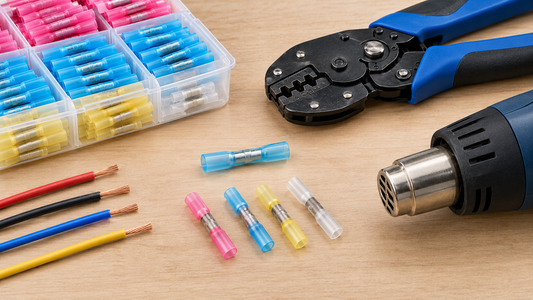 Heat-shrink butt connectors with crimp and heating tools ready for inspection
