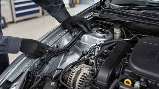 Gloved technician inspecting zip-tie wire routing in a vehicle engine bay