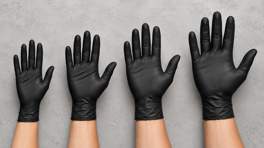 Black nitrile gloves fitting several hand sizes without bunching or overstretching