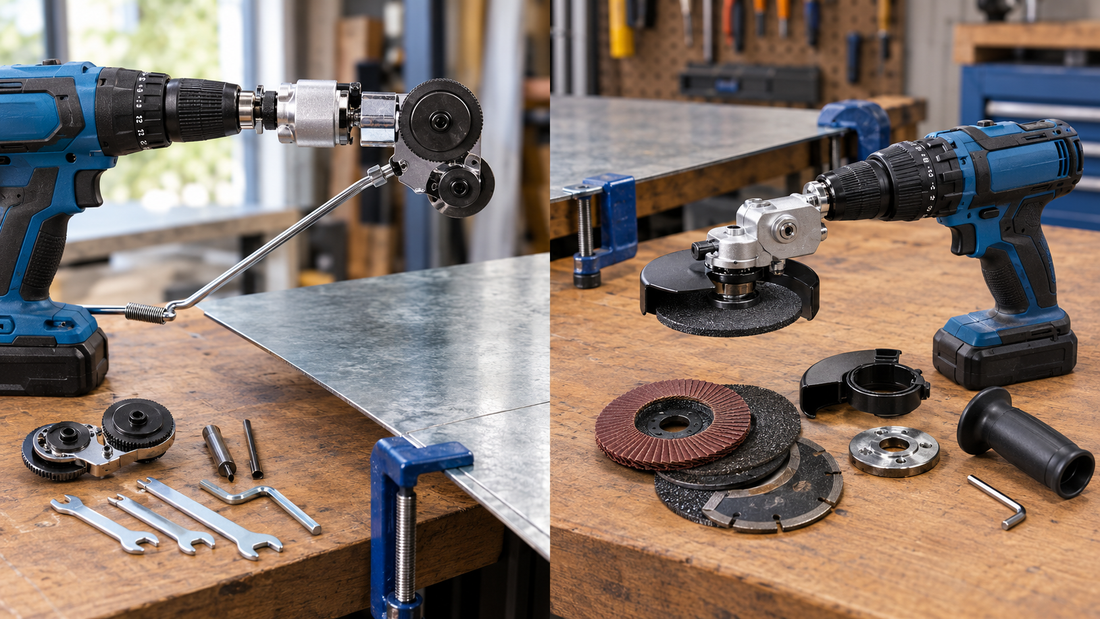 Drill-powered sheet metal cutter and angle grinder adapter arranged side by side on a workshop bench