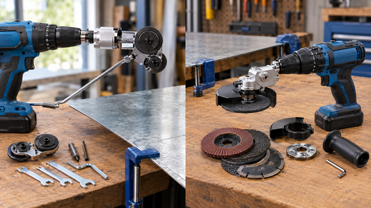 Drill-powered sheet metal cutter and angle grinder adapter arranged side by side on a workshop bench