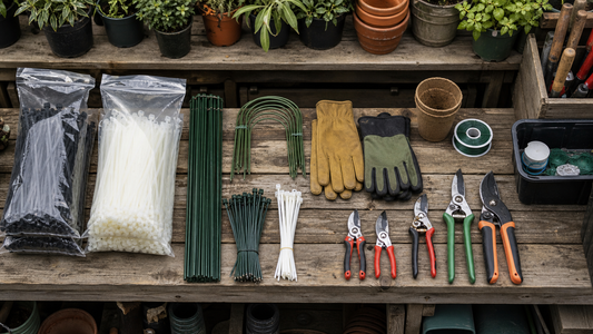 Organized garden center and landscaping supply bench with bulk zip tie packs, gardening gloves and plant stakes
