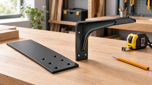 Flat hidden and L-shaped countertop support brackets compared on a workbench