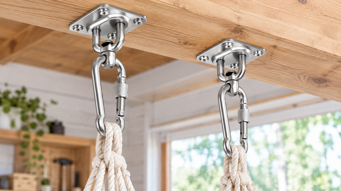 Two stainless-steel swing hangers mounted evenly on a wood beam