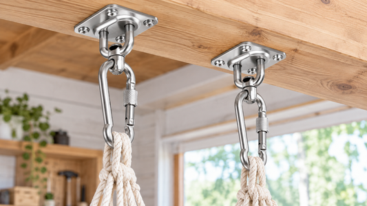 Two stainless-steel swing hangers mounted evenly on a wood beam