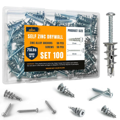 ALBO Zinc Self-Drilling Drywall Anchors Set, 50 Heavy Duty Sheetrock Anchors plus 50 #8 x 1-1/4'' Screws