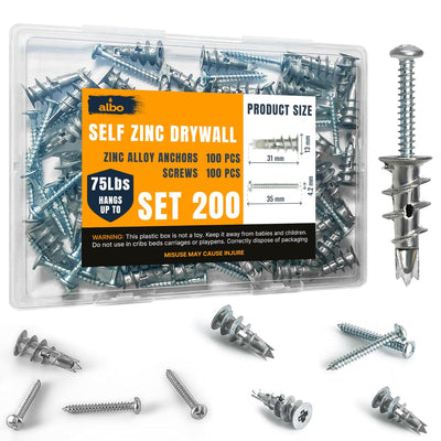 ALBO Zinc Self-Drilling Drywall Anchors, 100 Heavy Duty Sheetrock Anchors plus 100 pcs 8 x 1-1/4'' Screws