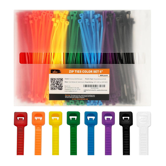 ALBO Zip Ties 6 inches (150 mm x 3.6 mm) Color set 800 pcs. - 8 different colors (red orange yellow green blue purple black, white)