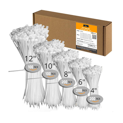 ALBO White Zip Ties, Assorted Sizes 4'', 6'',  8'', 10'', 12'', Pack 800 pcs