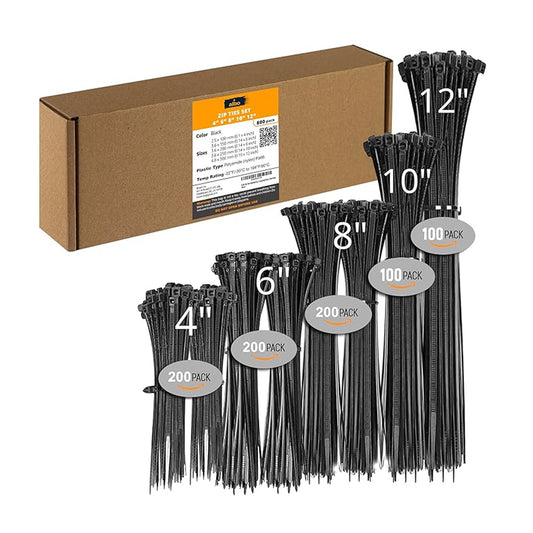 ALBO Black Zip Ties Assorted Sizes 800 Pack 4+6+8+10+12 Inch Plastic Black Cable Ties Wire Tie UV Resistant Nylon Tie Wraps Assorted Sizes