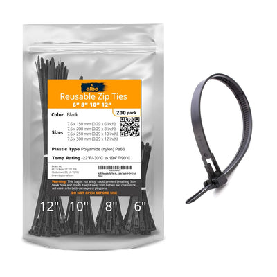 ALBO Black Reusable Zip Ties, Assorted Sizes 6", 8", 10", 12", Pack 200 pcs