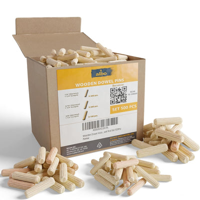 ALBO Wooden Dowel Pins, Assorted Sizes 1/4, 5/16, 3/8 inch, pack 500 pcs