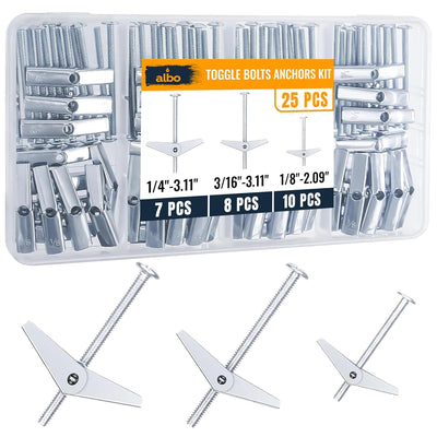 ALBO Heavy Duty Drywall Hollow Wall Anchors Kit for Drywall Ceilings with Screw Spring, Assortment in 3 Sizes, 25 pieces