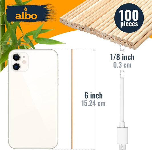 ALBO Bamboo Wooden Dowel Rods , 1/8" x 6" Round Wood Sticks for Crafts and DIY, 100 pieces
