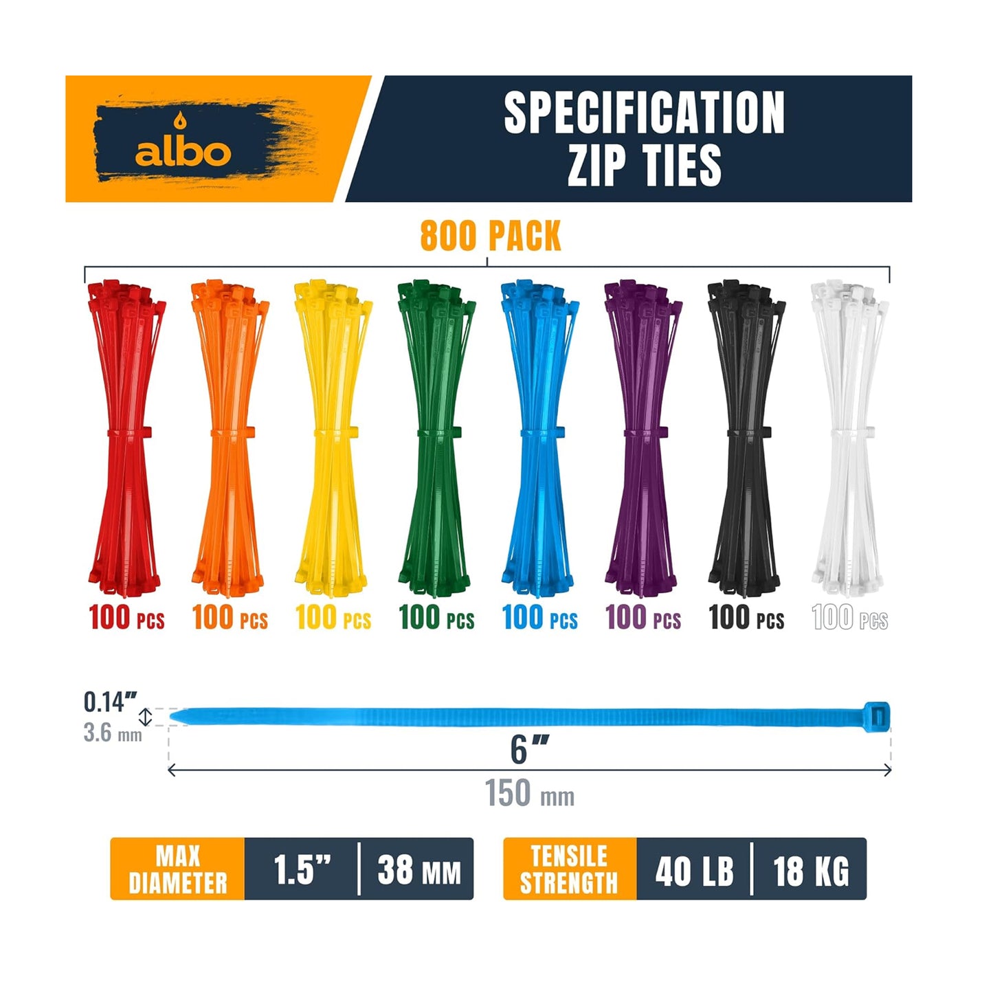 ALBO Zip Ties 6 inches (150 mm x 3.6 mm) Color set 800 pcs. - 8 different colors (red orange yellow green blue purple black, white)