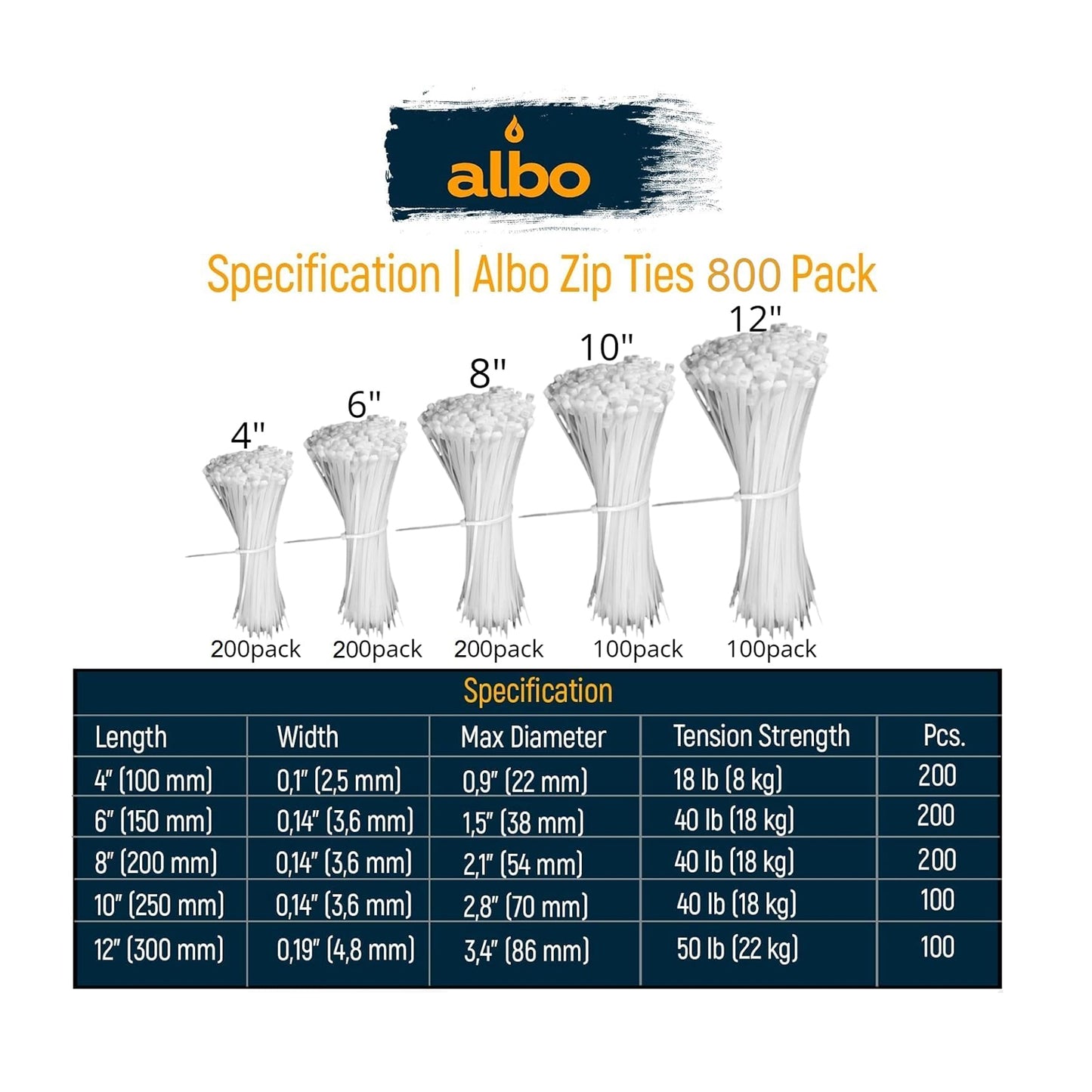 ALBO White Zip Ties Assorted Sizes 800 Pack 4+6+8+10+12 inch Plastic Cable Ties Wire Tie UV Resistant Nylon Tie Wraps Assorted Sizes