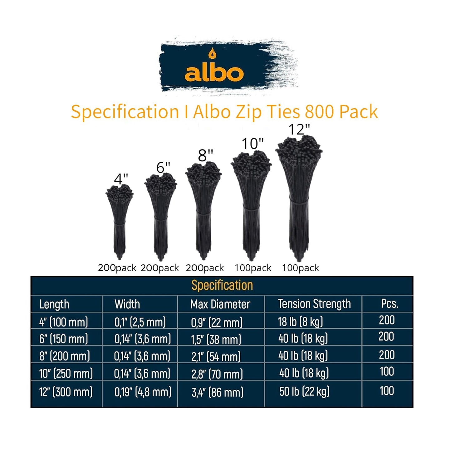 ALBO Black Zip Ties Assorted Sizes 800 Pack 4+6+8+10+12 Inch Plastic Black Cable Ties Wire Tie UV Resistant Nylon Tie Wraps Assorted Sizes