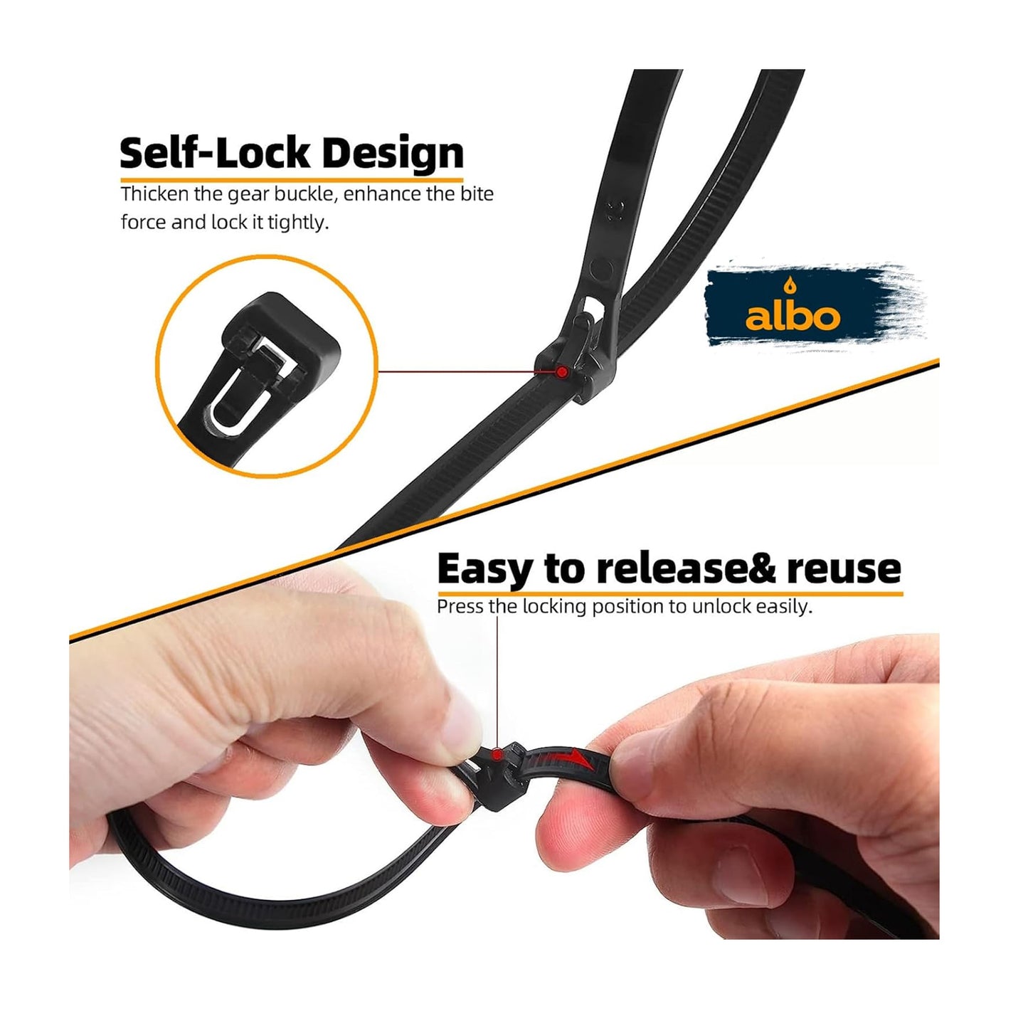 ALBO Black Reusable Zip Ties Assorted Sizes 200 Pack (6+8+10+12 Inch) Heavy Duty Releasable Cable Ties UV Resistant Nylon Tie Wraps