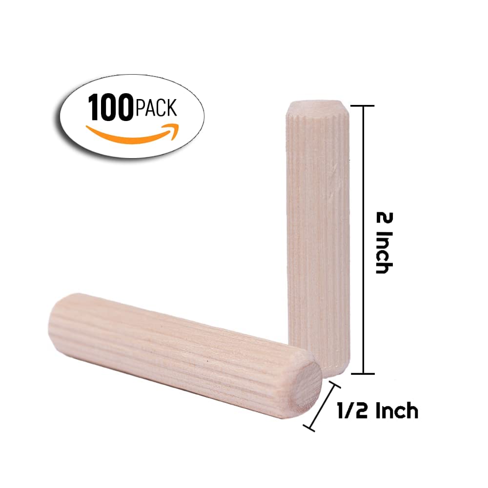 ALBO Wooden Dowel Pins 1/2 x 2 inch Fluted Wood Dowels Rods 100 Pack Hardwood Crafts Dowel Pegs