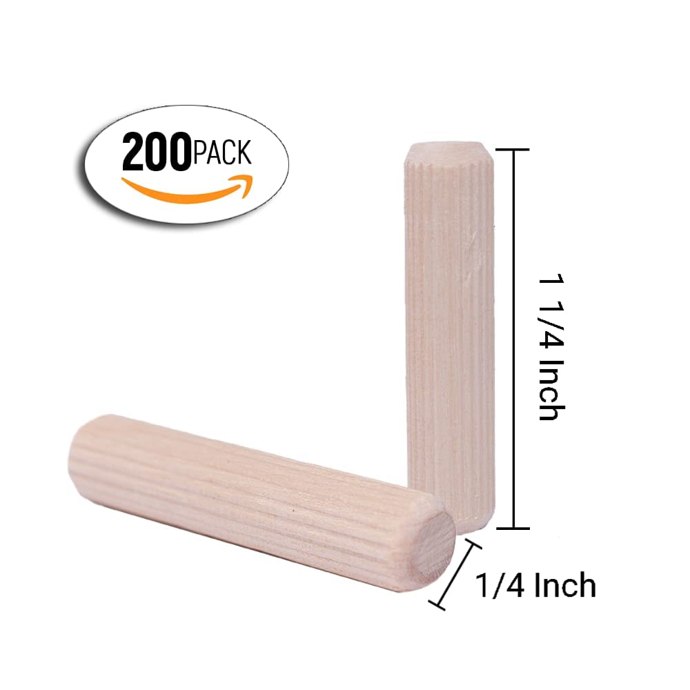 ALBO Wooden Dowel Pins 1/4 x 1-1/4 inch Fluted Wood Dowels Rods 200 Pack Hardwood Crafts Dowel Pegs