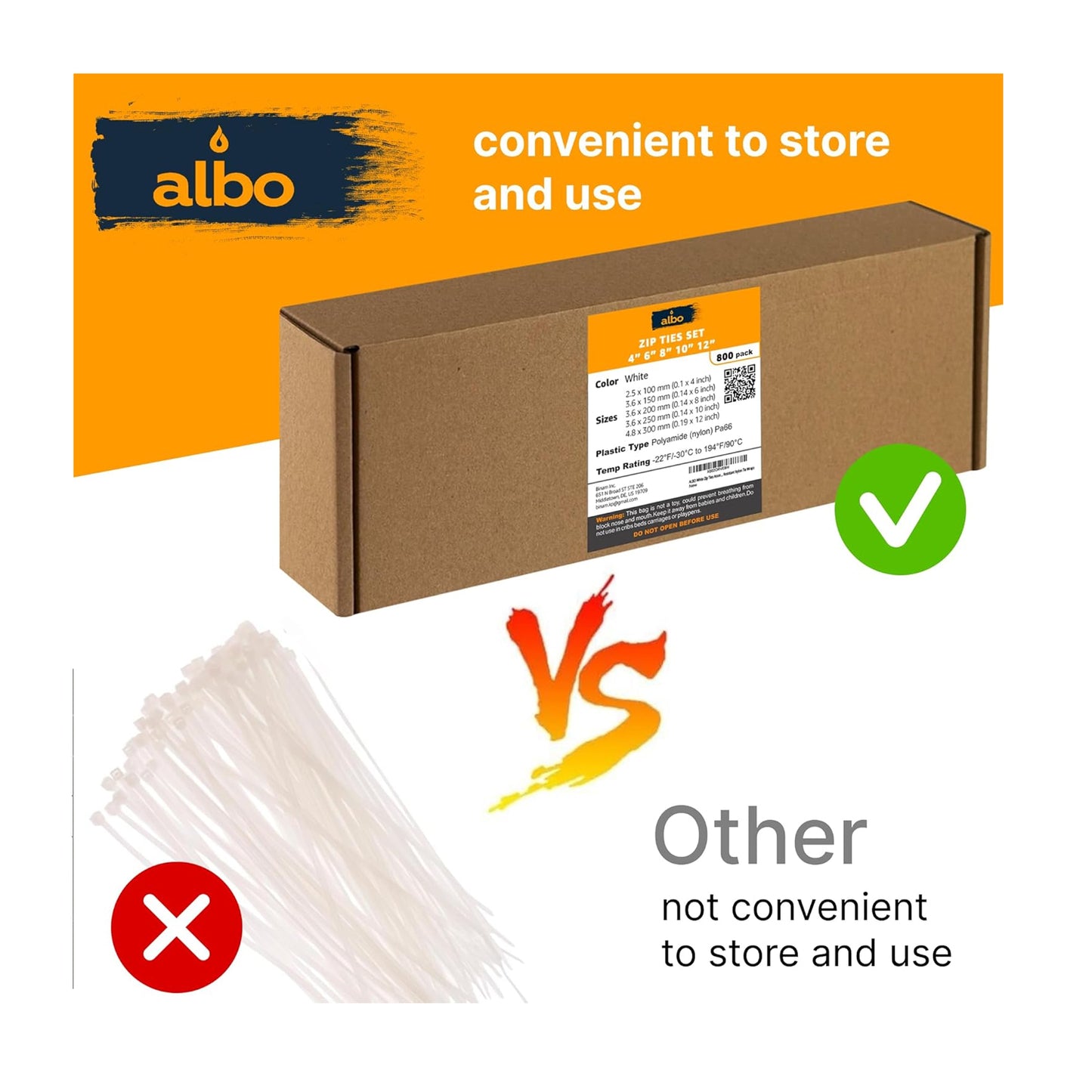 ALBO White Zip Ties Assorted Sizes 800 Pack 4+6+8+10+12 inch Plastic Cable Ties Wire Tie UV Resistant Nylon Tie Wraps Assorted Sizes